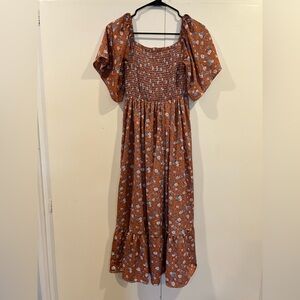 Smocked floral midi dress